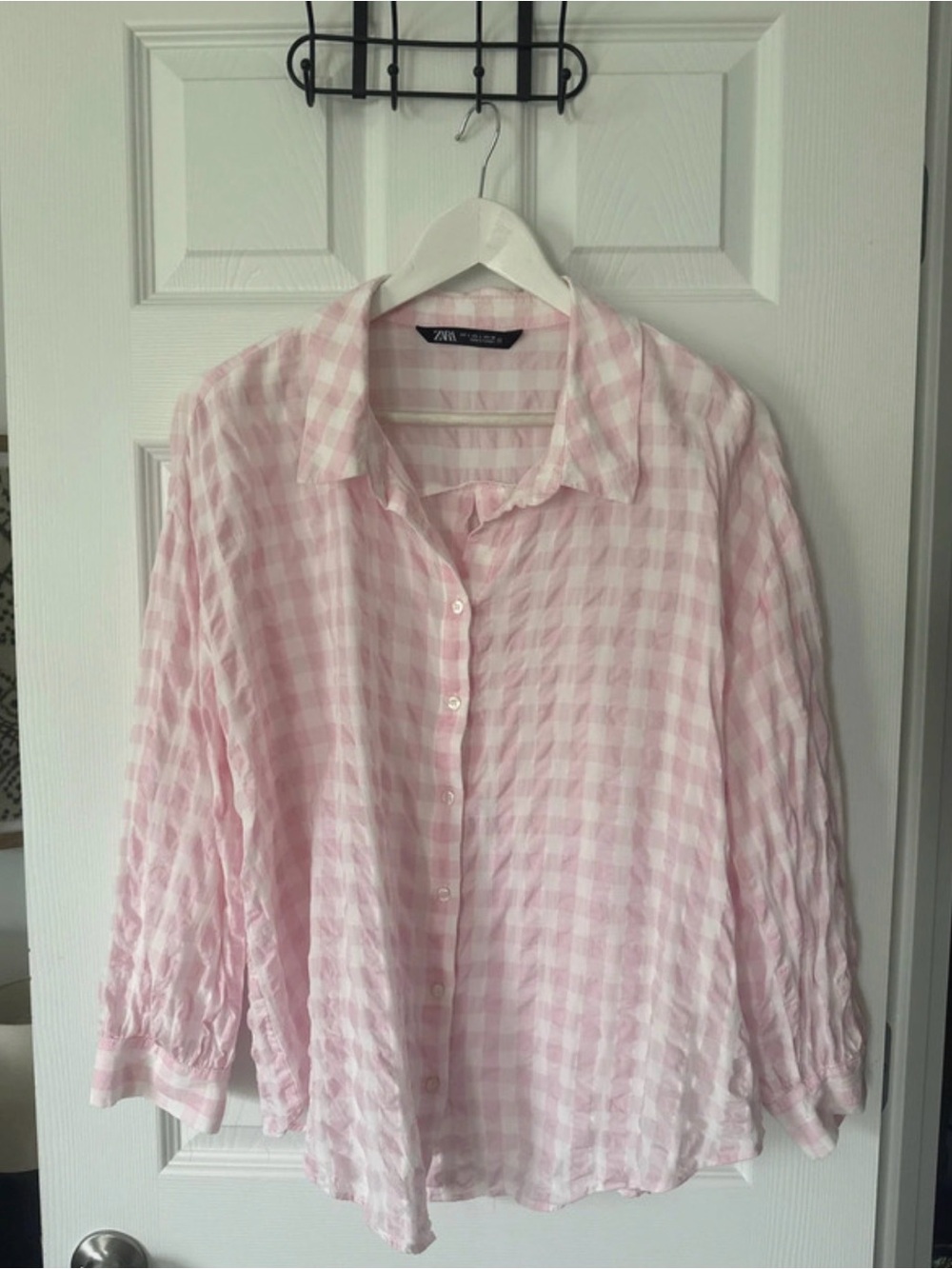 Zara Pink Gingham Button-Down Cotton Crinkle Plaid Shirt Large - Picture 2 of 5